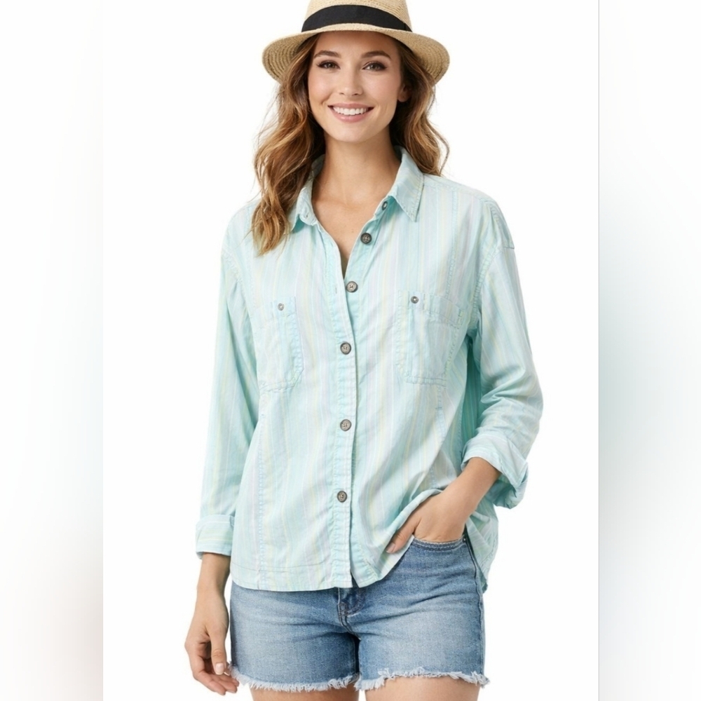 Lulu-B Women’s Button Front Jacket Shirt Pastel Stripe Cotton Blend Size Large